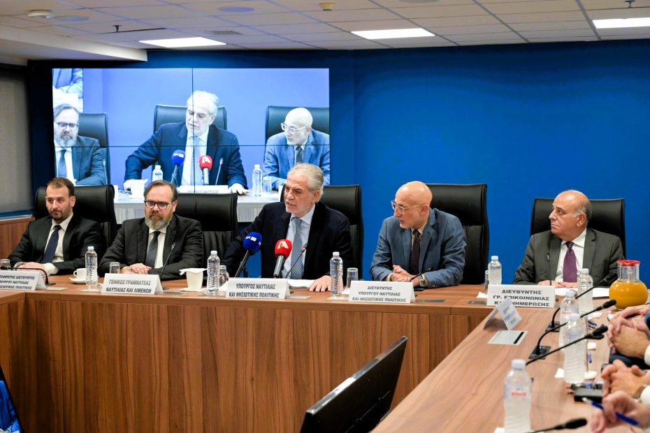 Greek Minister of Shipping Christos Stylianides and senior officials at a press briefing discussing maritime safety and modernization plans