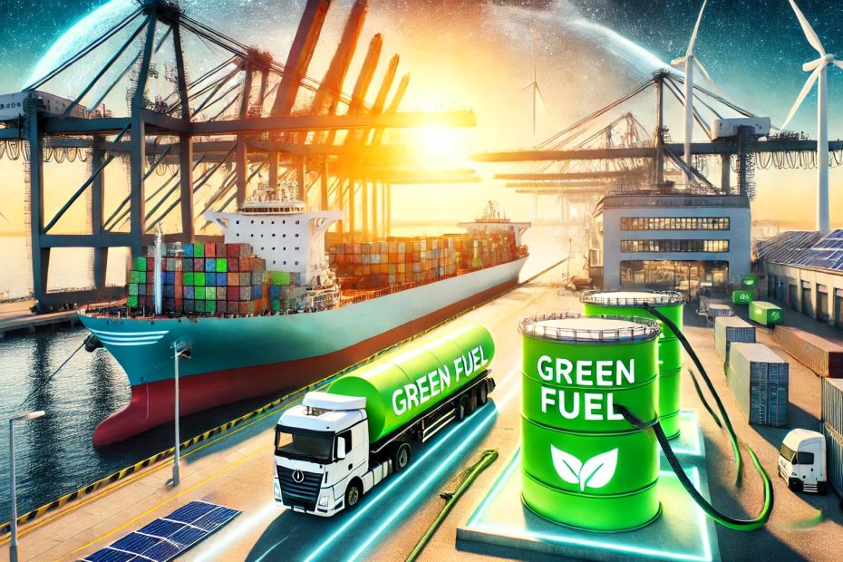 A large cargo ship is refueled with biofuels at a modern international port. The environment includes fuel tanks labeled “Green Fuel” and green energy infrastructure such as wind turbines and solar panels in the background
