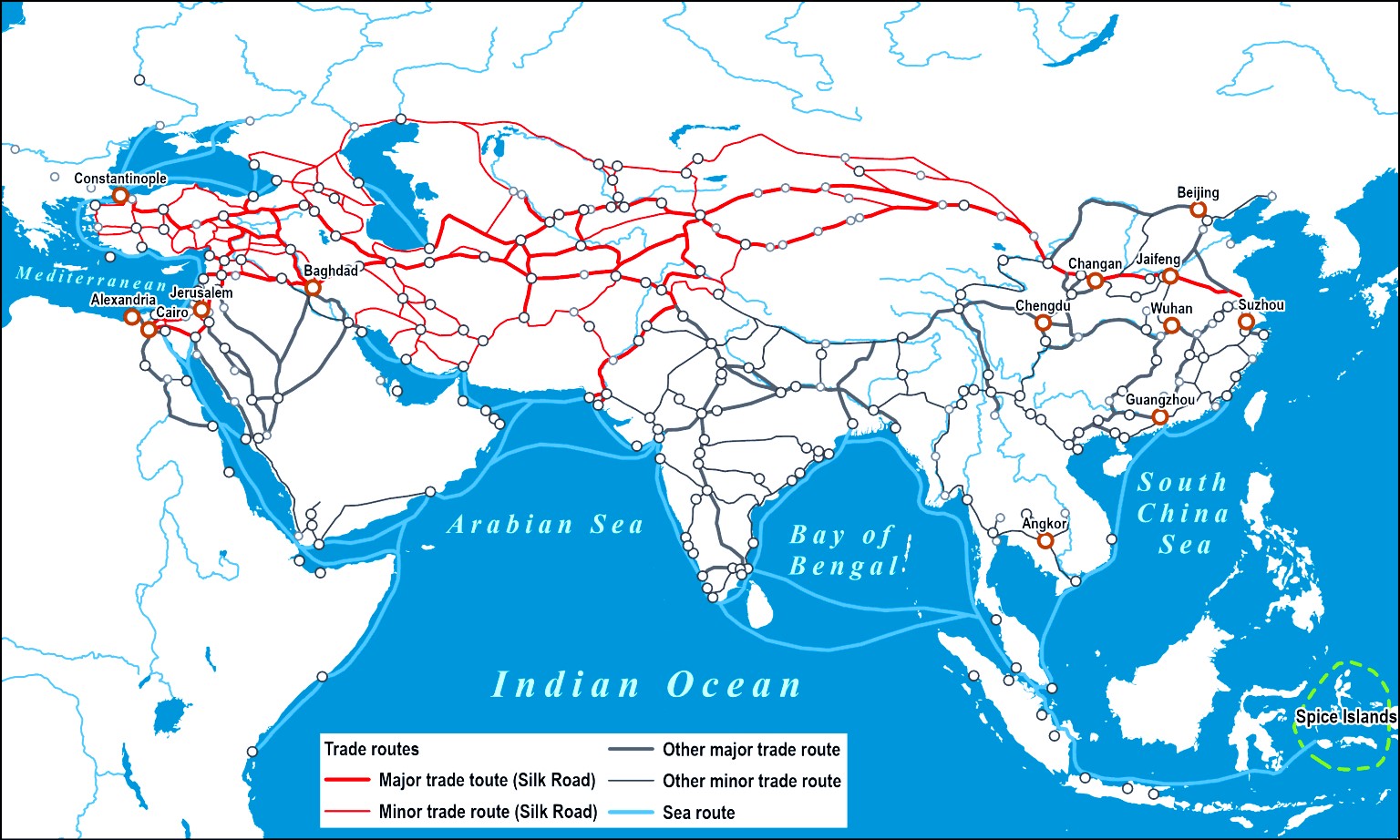 Map illustrating major and minor global trade routes, including sea routes of the Silk Road, highlighting key pathways in international commerce GEOTRENDS.EU