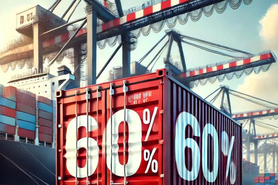 A shipping container with 60% painted in bold red and white, set in a busy seaport with cranes and a large cargo ship, under a clear sky