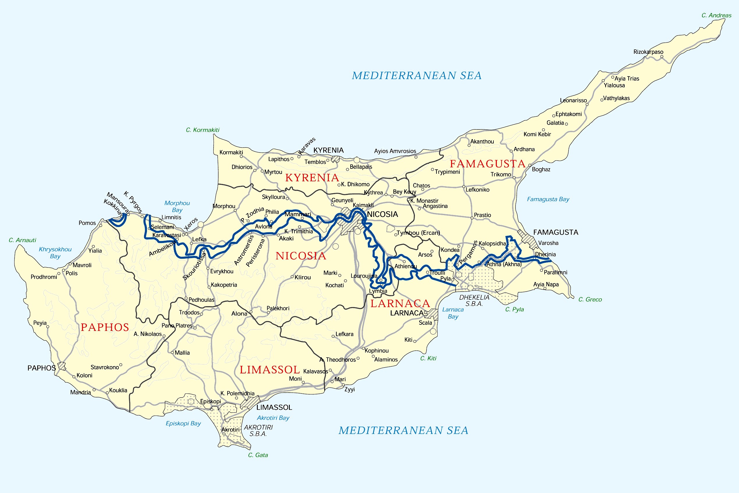 A detailed political map of Cyprus showing major cities, regions, and the UN buffer zone dividing the island into northern and southern parts. The Mediterranean Sea surrounds Cyprus, with key locations like Nicosia, Limassol, Larnaca, Famagusta, and Kyrenia labeled. The map highlights the geopolitical division of the island, reflecting ongoing territorial and strategic disputes
