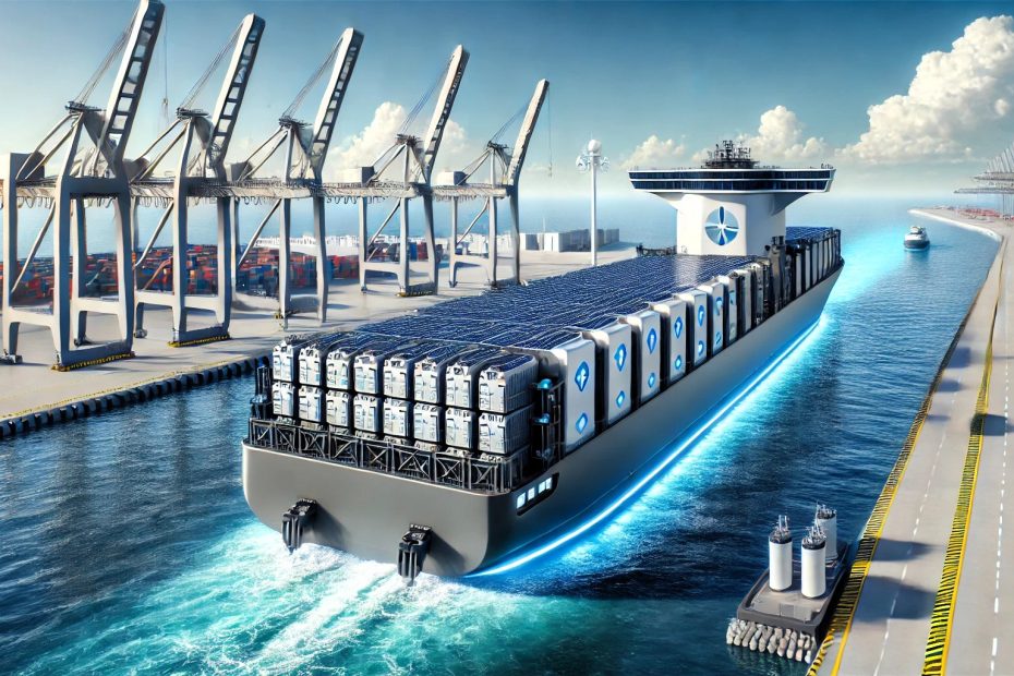 Futuristic 10,000-ton electric cargo ship sailing on a river, equipped with modular battery containers and modern charging stations in the background