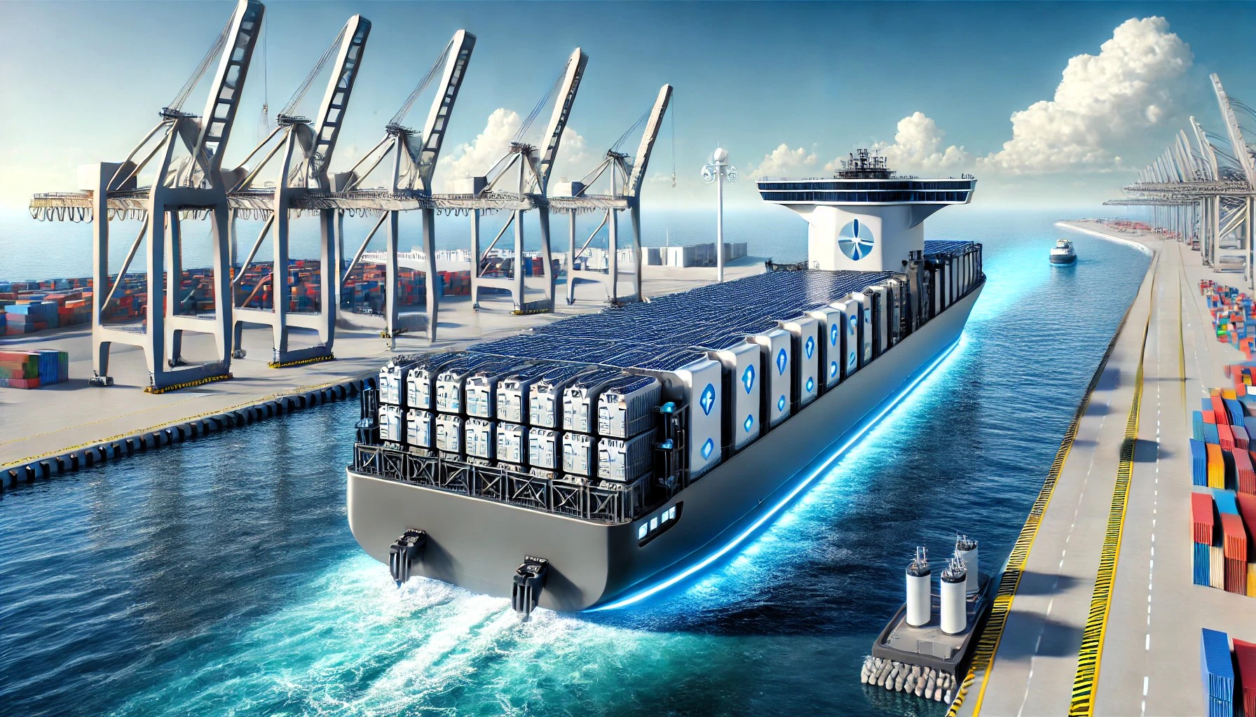Futuristic 10,000-ton electric cargo ship sailing on a river, equipped with modular battery containers and modern charging stations in the background