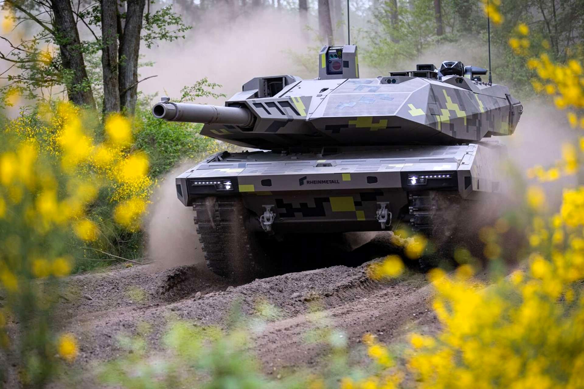 KF51 Panther tank by Rheinmetall in motion through a forest, representing Europe’s growing defense sector