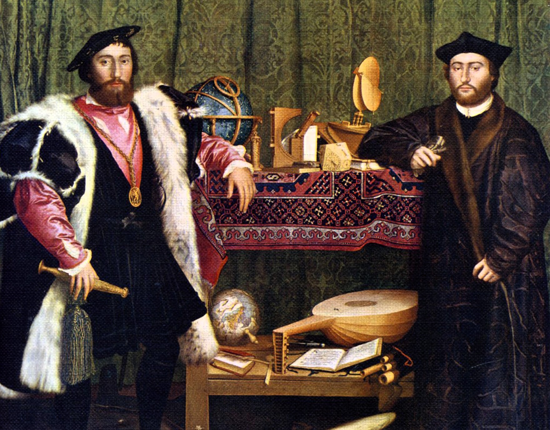A Renaissance oil painting depicting two richly dressed men standing beside a table adorned with scientific instruments, a globe, and a lute. The background features a green curtain, and at the bottom of the painting, an anamorphic skull stretches across the floor—visible only from a specific angle. The artwork symbolizes diplomacy, knowledge, and hidden threats, paralleling modern geopolitical tensions