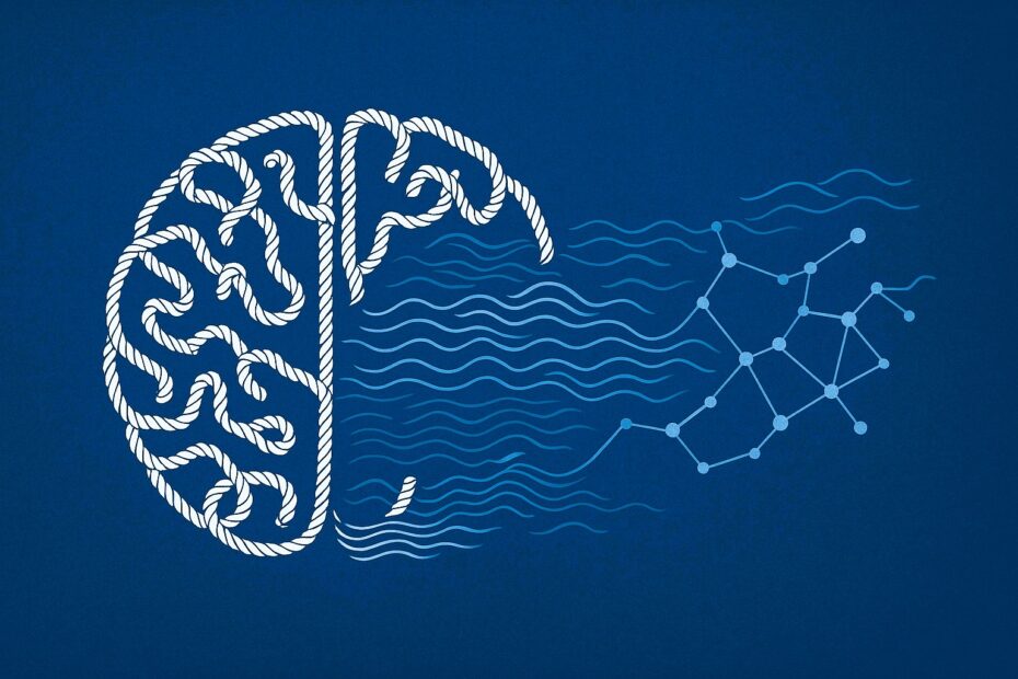 A brain where the left hemisphere is formed from nautical rope knots, transitioning into waves and a digital neural network on the right side. The image blends maritime and technological elements