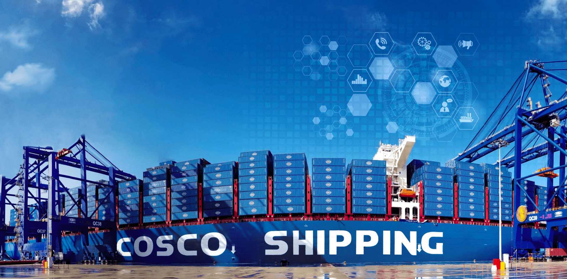 Large COSCO Shipping container vessel docked at a modern port terminal, surrounded by cargo cranes under a clear blue sky, symbolizing China’s dominant role in global maritime trade
