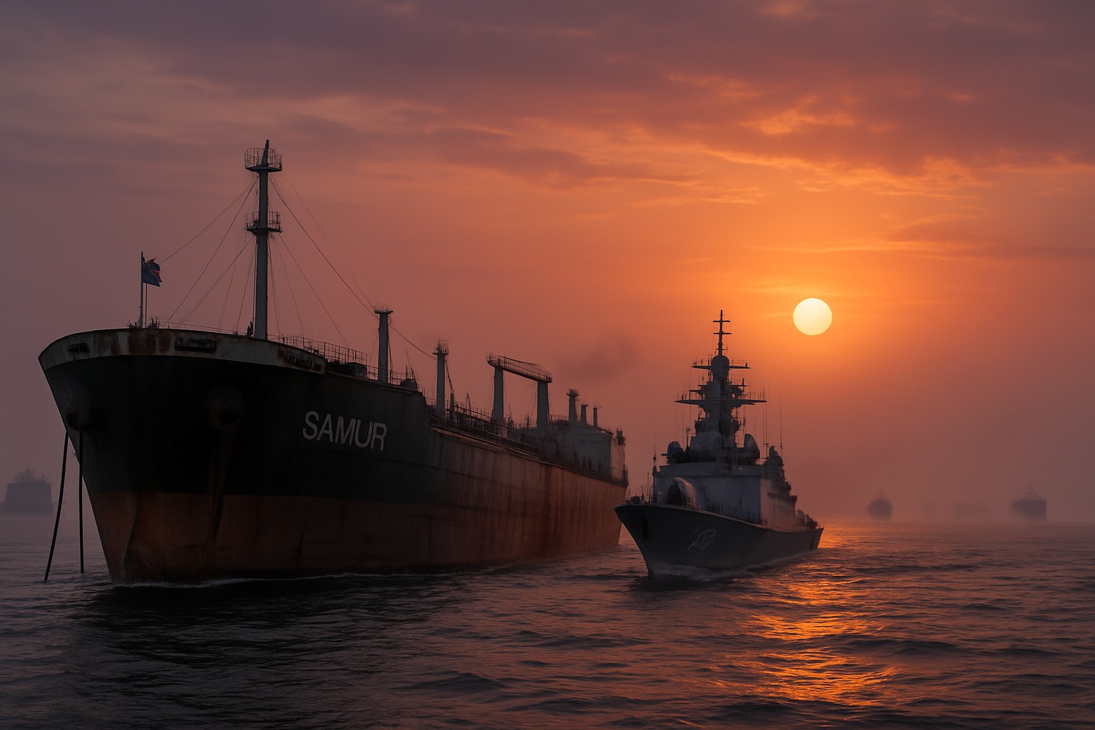 A rusty oil tanker named “SAMUR” escorted by a military ship at sunset in the Gulf of Finland, with other vessels in the misty background