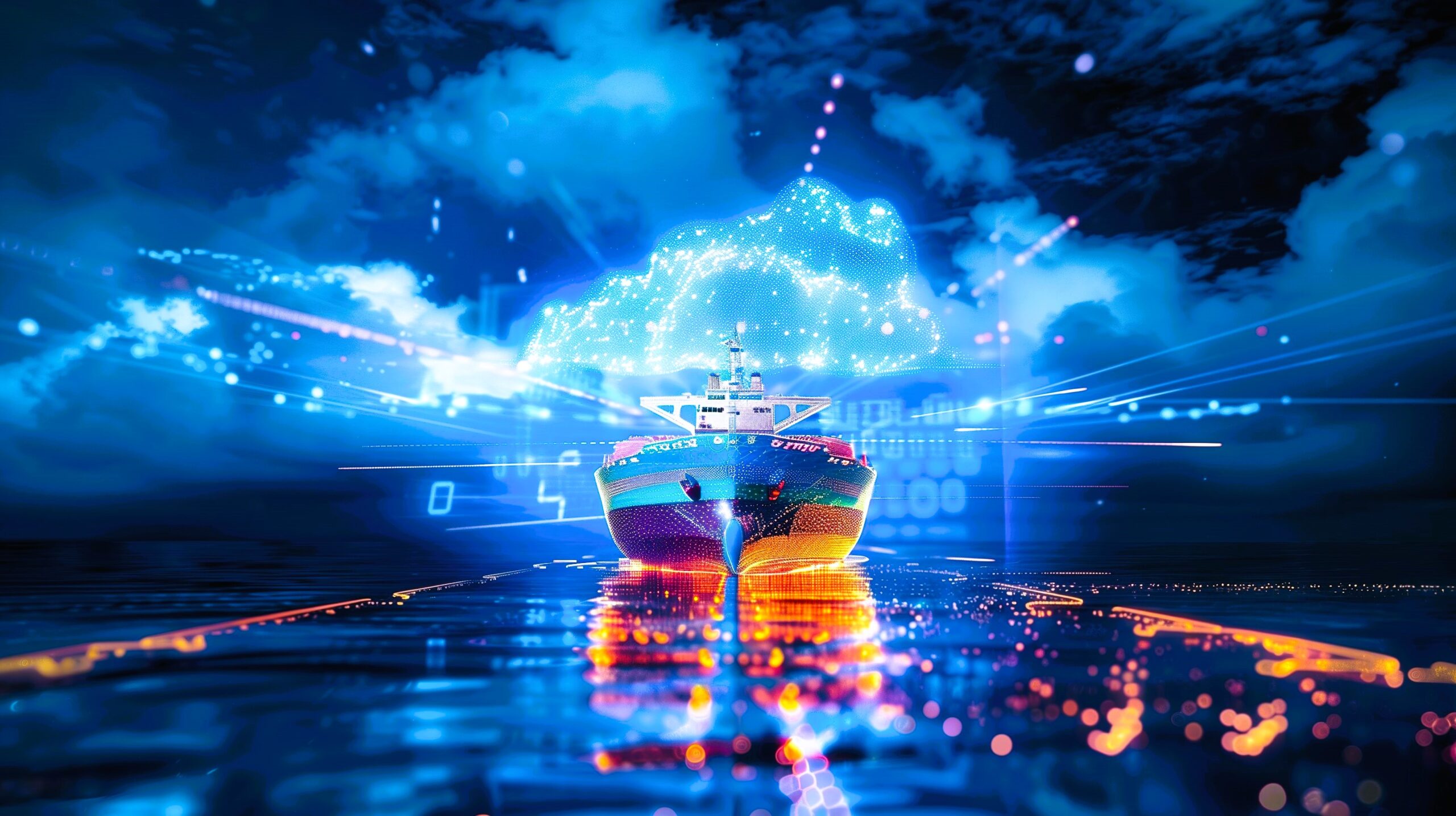 A digitally enhanced ship set against a futuristic blue environment, expressing themes of innovation and strategic transformation in modern shipping
