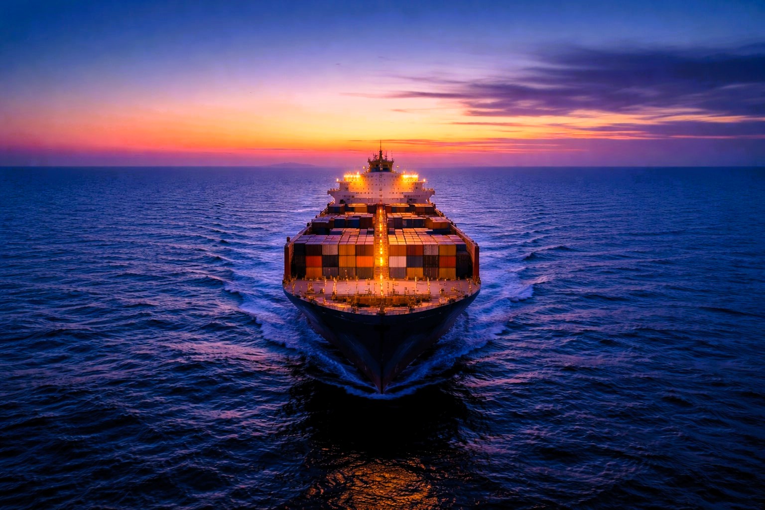High-resolution landscape image of a container ship sailing at blue hour, viewed from above, crossing open sea under a twilight sky