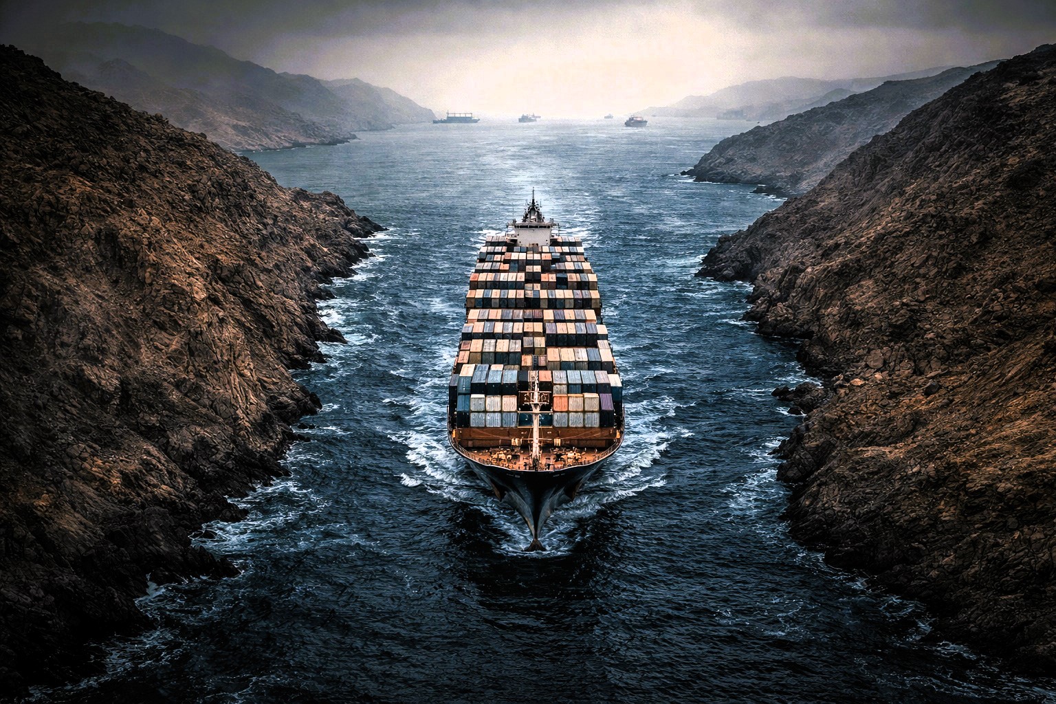 A large container ship transits a narrow maritime chokepoint between rocky coastlines, viewed from above under dark, overcast conditions