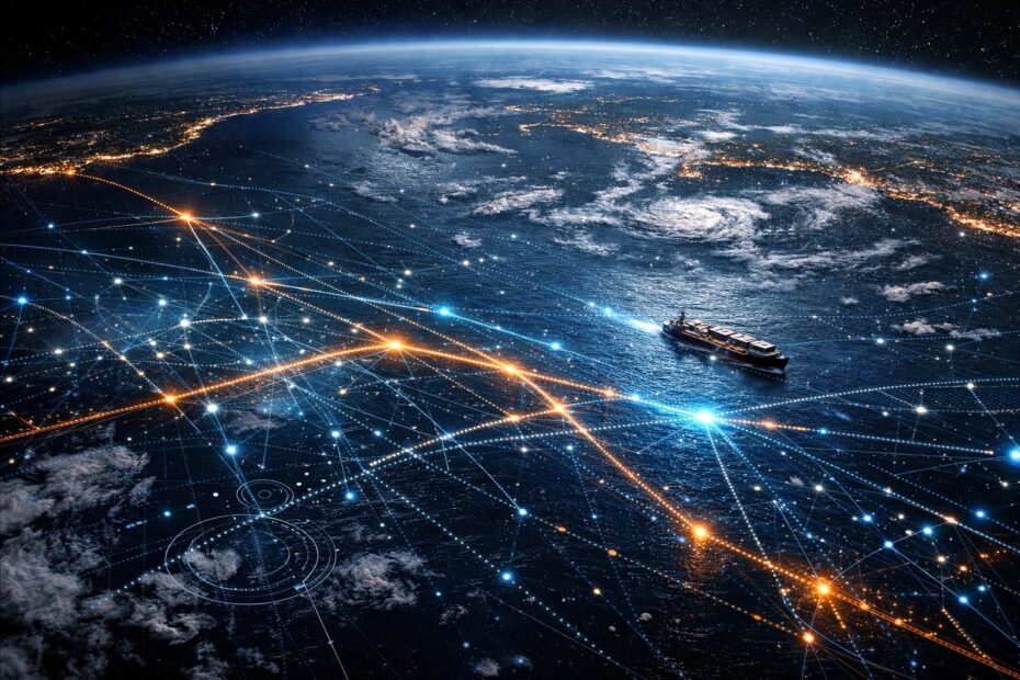Digital satellite view of oceans at night, showing maritime data networks and a ship navigating complex, interconnected routes