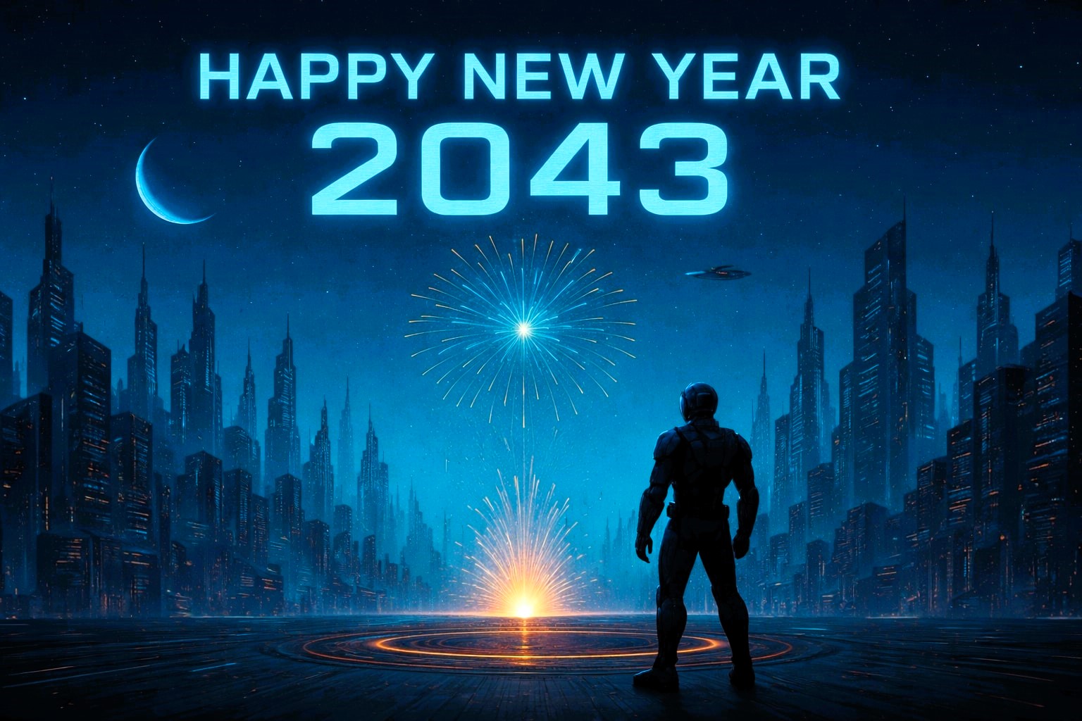 Futuristic city skyline at night with fireworks, glowing “Happy New Year 2043” text, and a lone figure facing the illuminated horizo