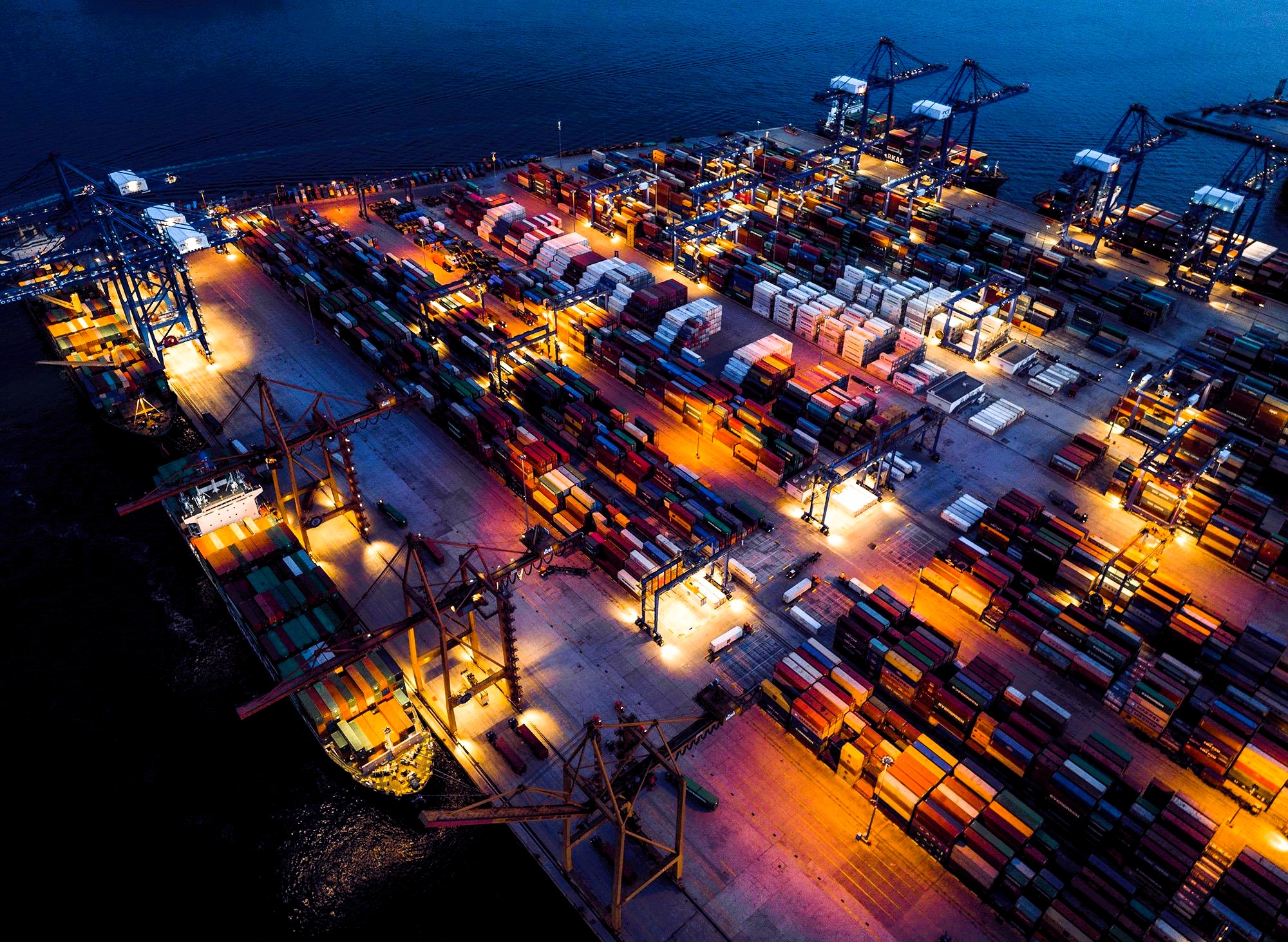 Aerial night view of container terminals at the Port of Piraeus, a key southern node of the TEN-T Orient/East-Med corridor