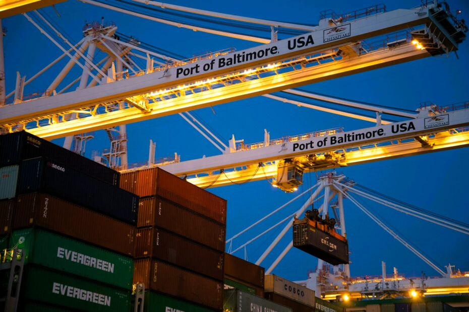 Shipping containers at Port of Baltimore, USA—American trade infrastructure at the centre of the Supreme Court tariffs dispute