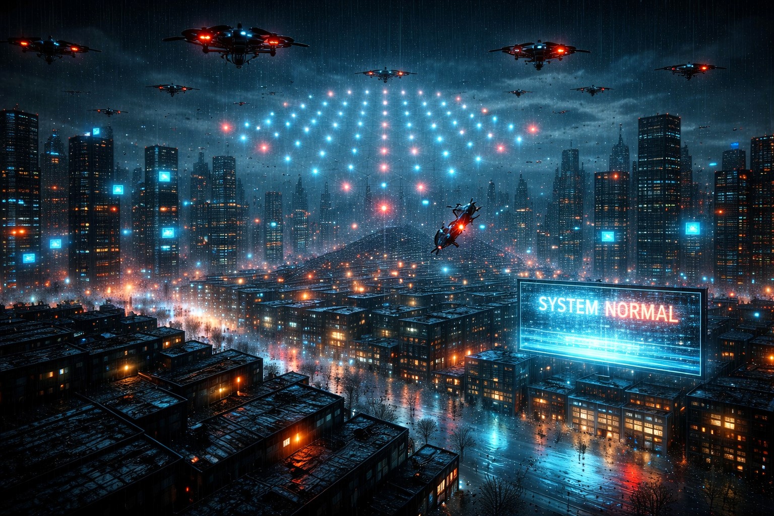 Cyberpunk city at night in heavy rain, drones forming a glowing geometric pattern while a billboard displays “SYSTEM NORMAL”