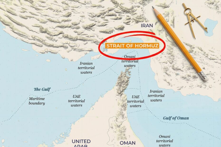 Nautical-style map of the Strait of Hormuz with a subtle red circle marking the area, a pencil and a navigation divider resting nearby