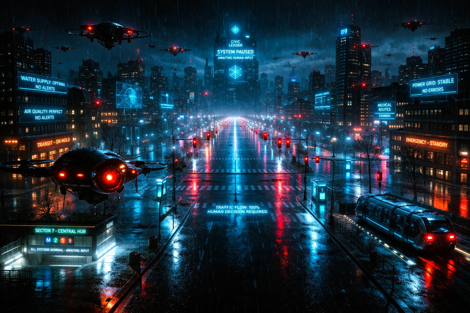 Wide cyberpunk cityscape at night with rain, hovering drones, red traffic lights, and holographic displays showing system paused status