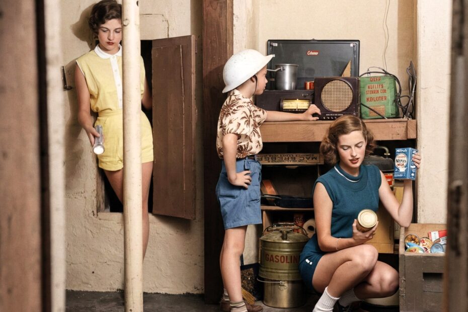 A colorized 1950s photograph of two women and a boy stocking a basement fallout shelter with canned food, a radio, and emergency supplies during the Cold War era