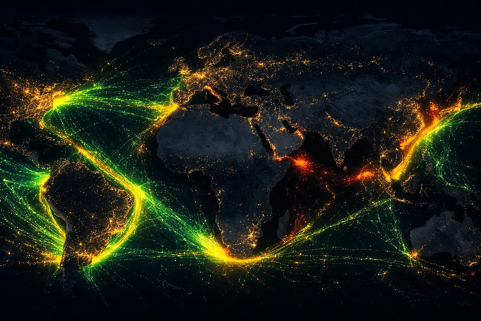 Global maritime traffic density map with illuminated shipping routes showing uneven flows and shifting patterns across major sea lanes