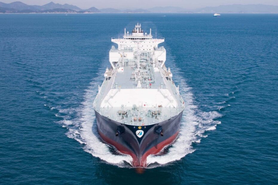 Front view of the LNG carrier Minerva Chios sailing at sea, with visible deck piping, membrane cargo system, and surrounding calm waters