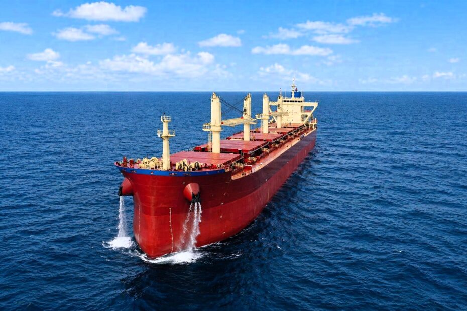 A red bulk carrier sailing in open sea under a partly cloudy sky, viewed from above, with enhanced natural colors and no visible ship name