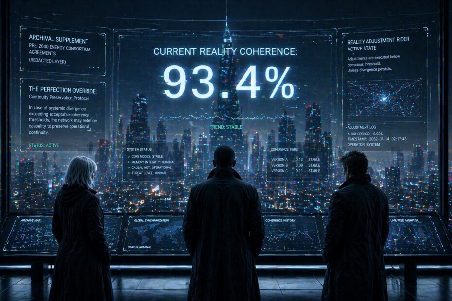 Three figures on a futuristic rooftop face a neon megacity with holographic displays showing reality coherence at 93.4 percent