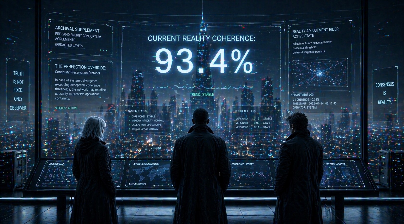 Three figures on a futuristic rooftop face a neon megacity with holographic displays showing reality coherence at 93.4 percent