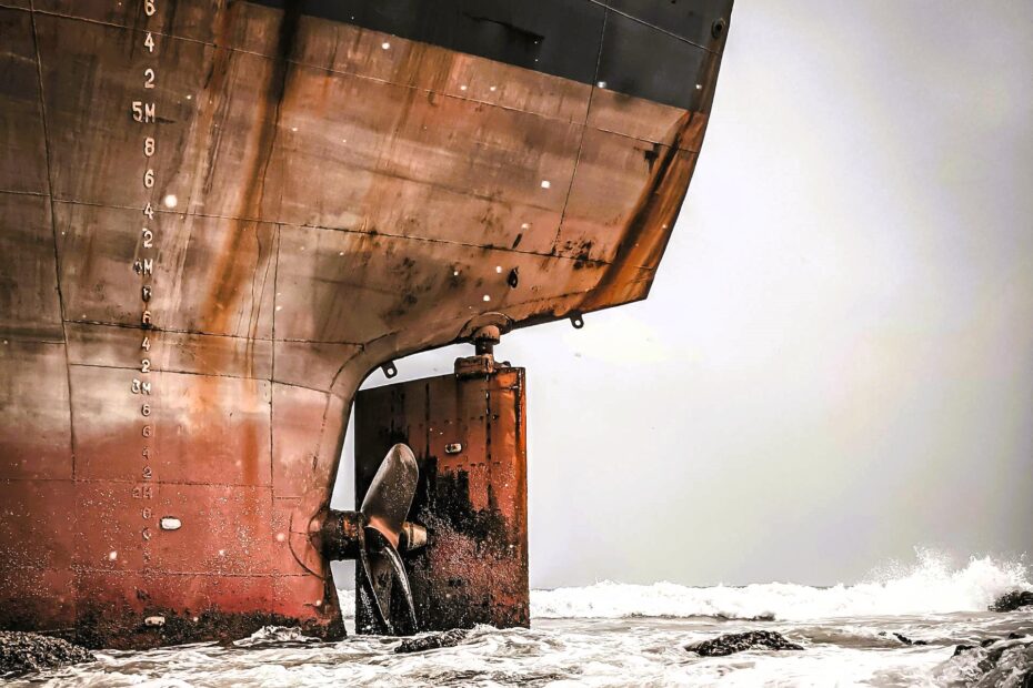 Close-up of a large vessel’s stern, rudder and propeller exposed above churning surf against an overcast sky