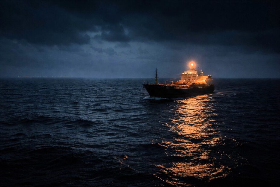 Cargo ship sailing at night across a dark sea, with a single warm light reflecting on the water under a cloudy sky