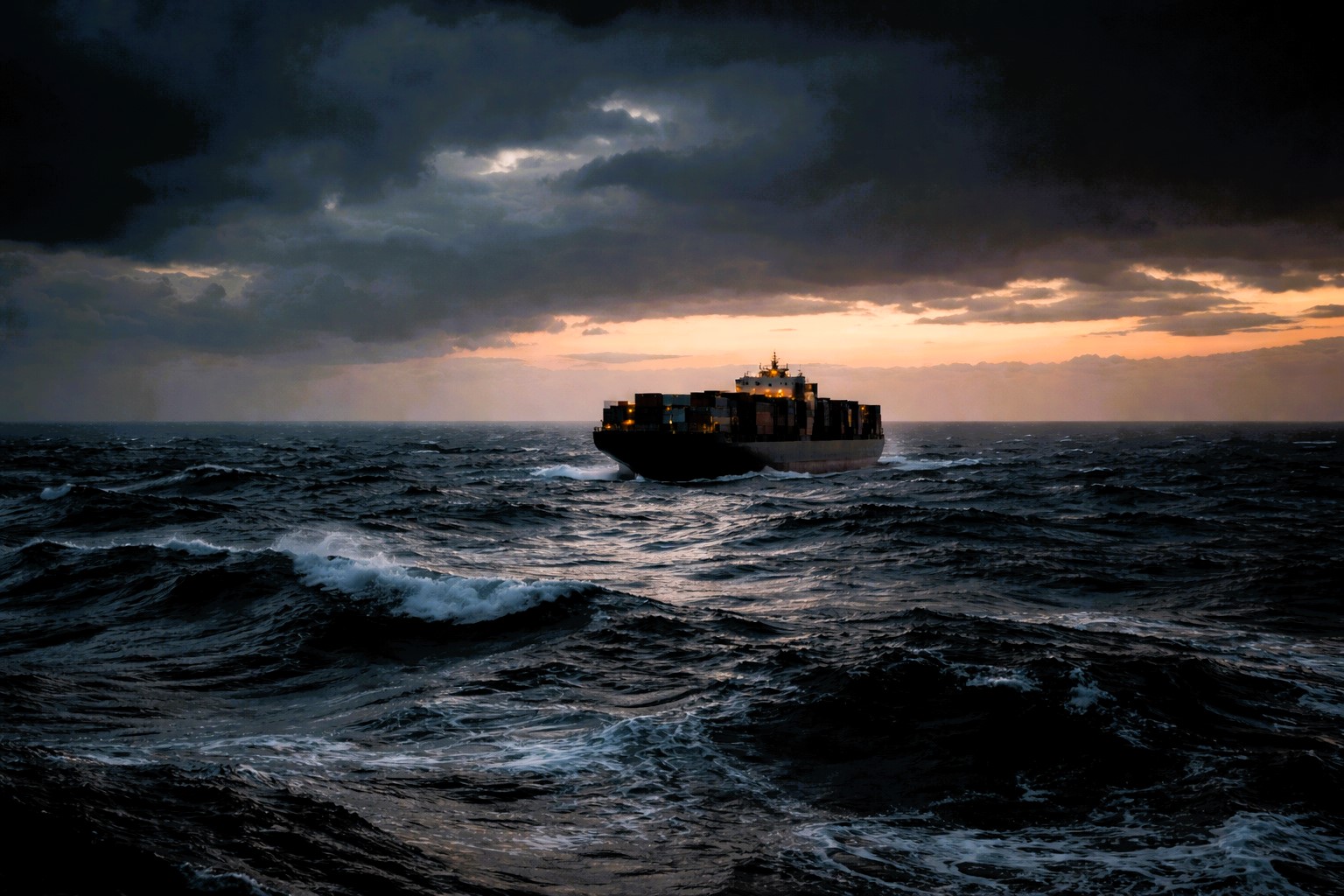 Container ship navigating rough seas at dusk under dark clouds, with waves and low light creating a tense maritime atmosphere