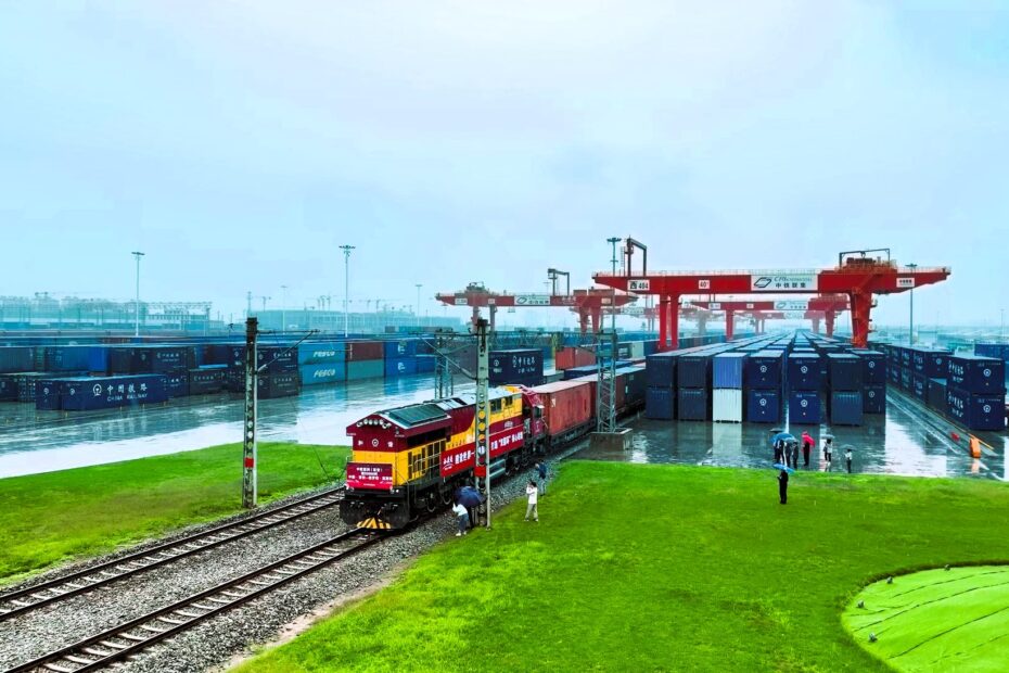 China Railway Express freight train at Xi’an International Port container terminal, departing on the China–Iran overland trade corridor