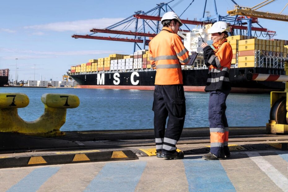 Two port workers in high-visibility gear consult on a quayside as a large MSC container vessel is loaded at berth behind them