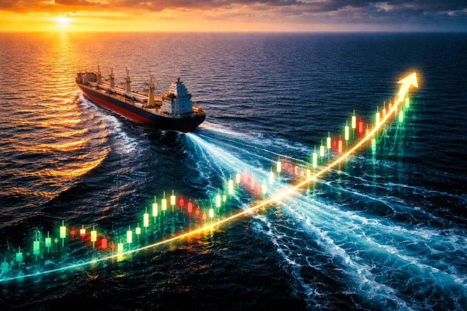 Cargo vessel sailing at sunset with its wake stylized as an upward financial chart with glowing candlestick indicators