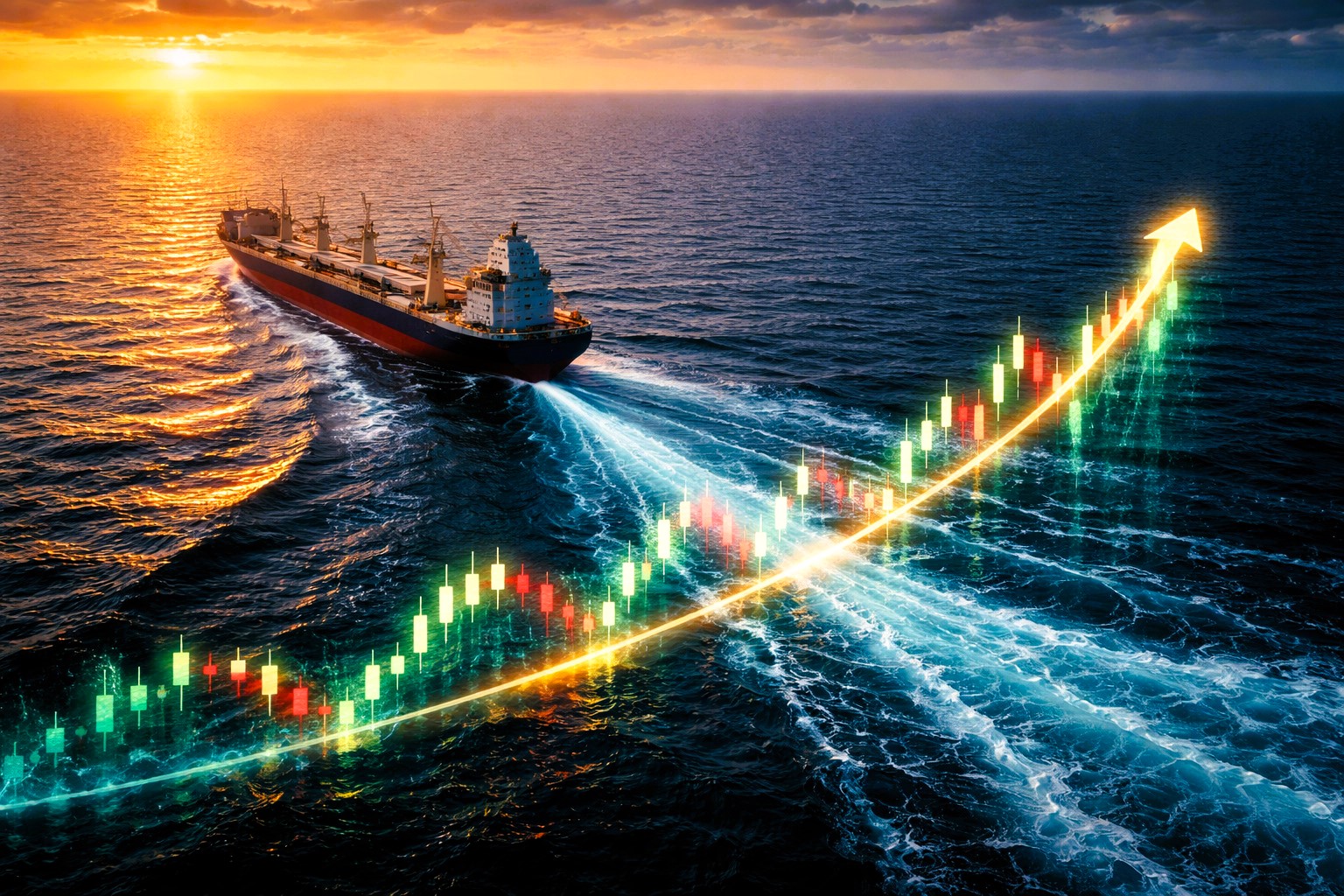 Cargo vessel sailing at sunset with its wake stylized as an upward financial chart with glowing candlestick indicators
