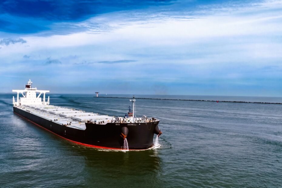 Large Capesize bulk carrier sailing in calm open waters under a partly cloudy sky, approaching a breakwater with a navigation beacon visible in the distance