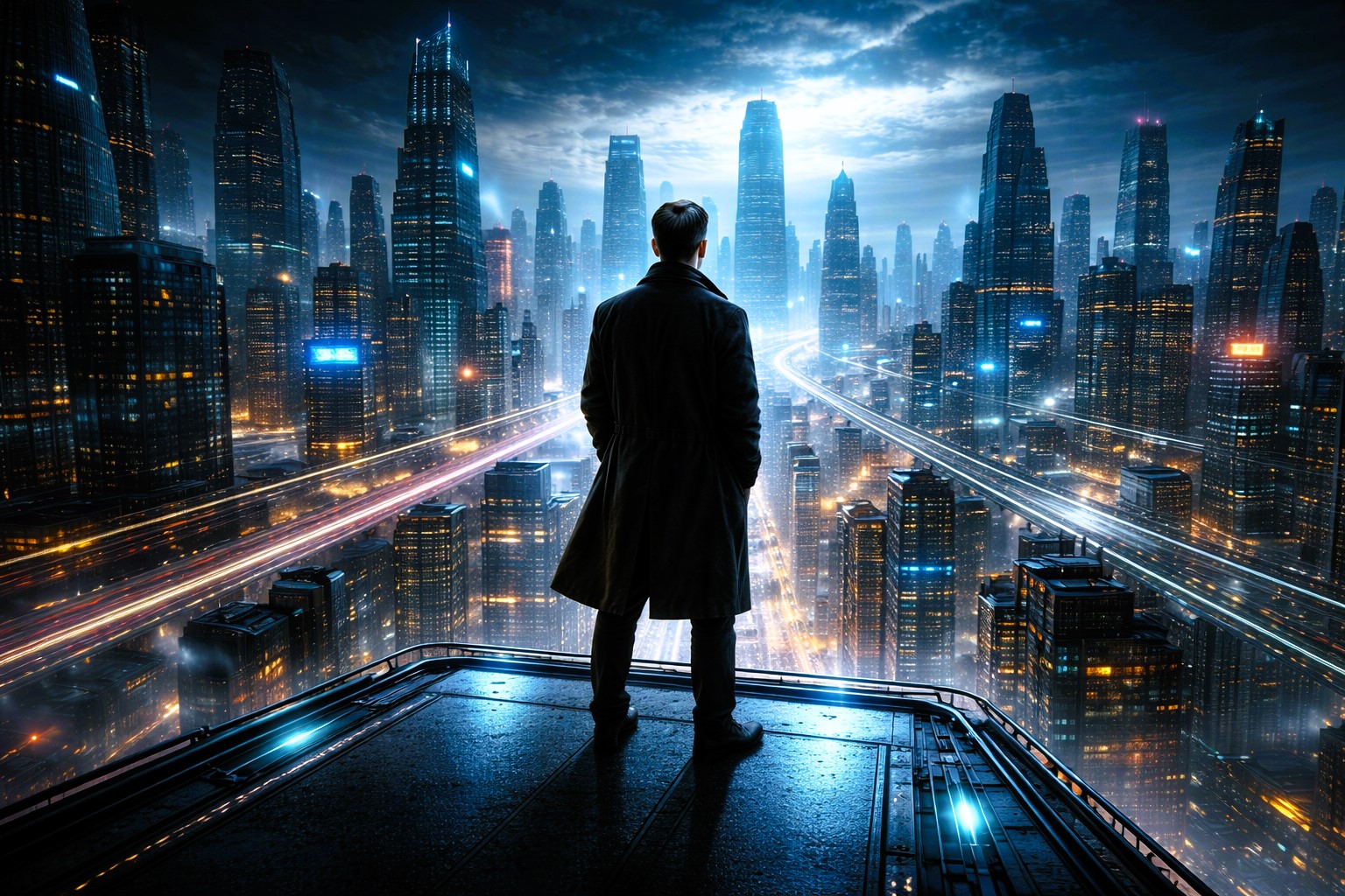 Man standing on elevated platform overlooking futuristic Mega City skyline with glowing transport networks and towering skyscrapers at dusk
