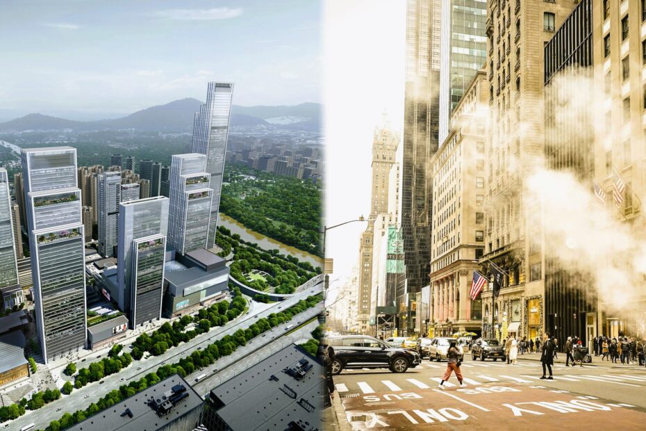 Split image showing a modern high-rise district in Shenzhen, China on the left and a busy street with pedestrians and traffic in New York City, USA on the right