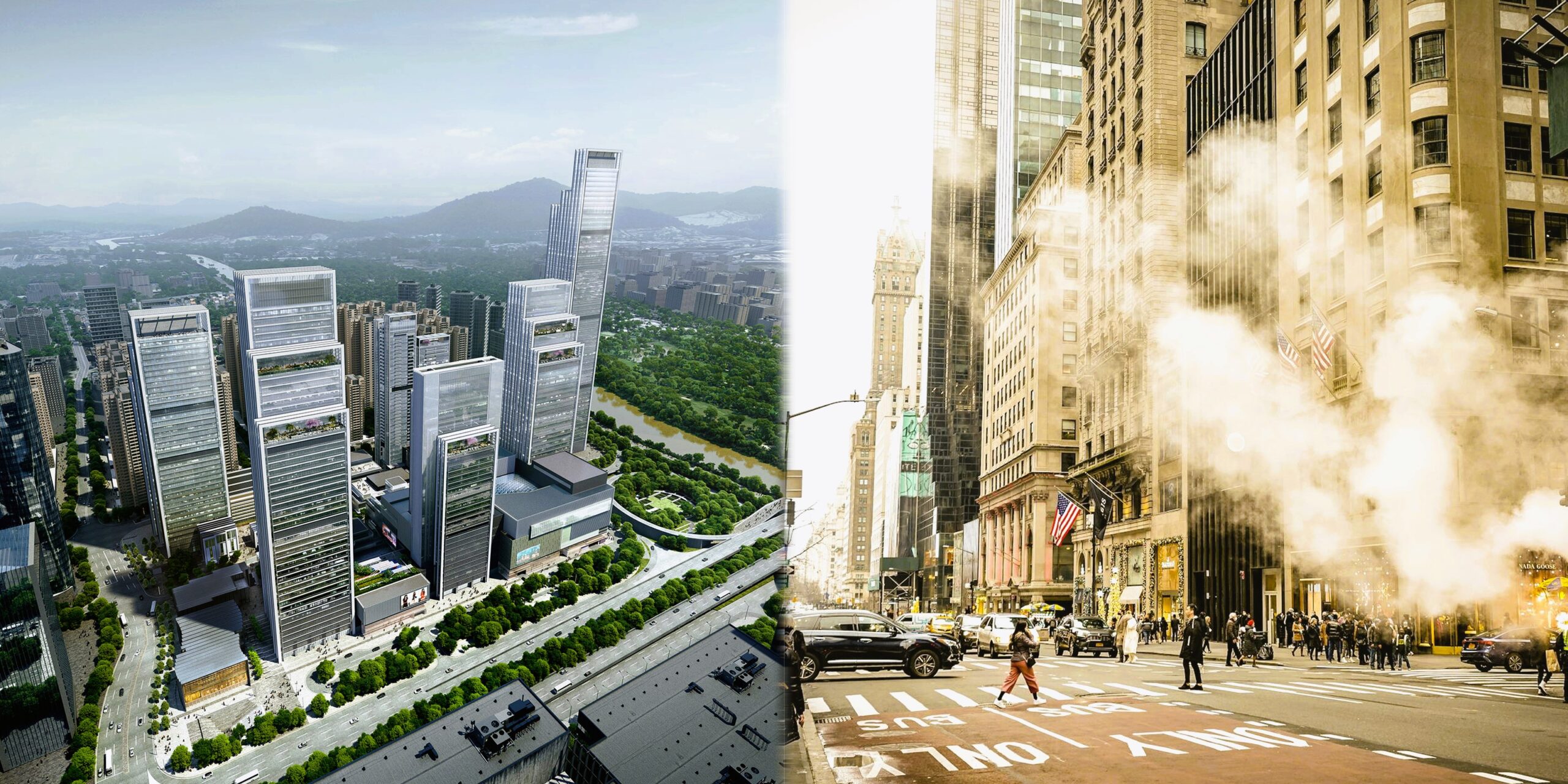 Split image showing a modern high-rise district in Shenzhen, China on the left and a busy street with pedestrians and traffic in New York City, USA on the right