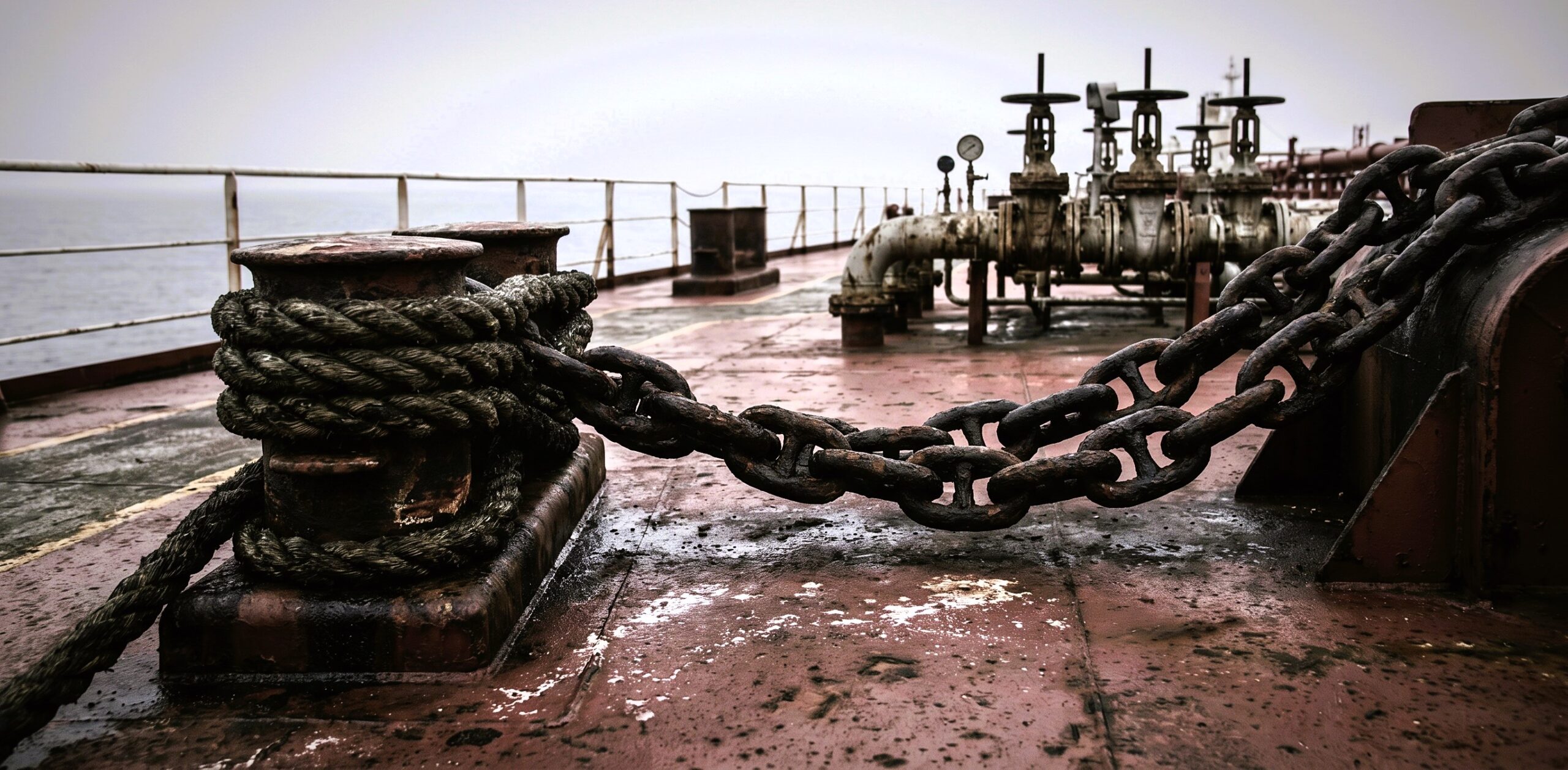 Close-up of heavy chain and mooring lines on an oil tanker deck under grey sky, suggesting tension and immobility at sea