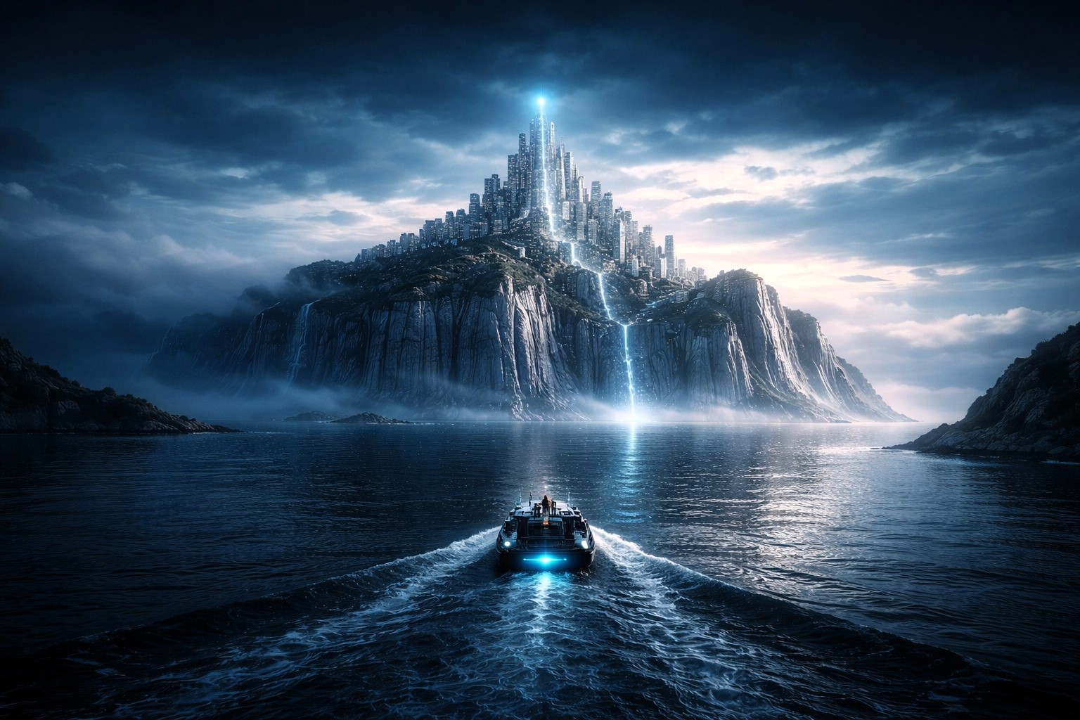 Futuristic boat approaching a towering island city with vertical architecture, glowing light beam, misty sea, and cinematic atmosphere