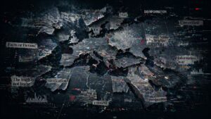 Fragmented digital map of Europe and surrounding regions with layered data, headlines, and visual distortions on a dark background