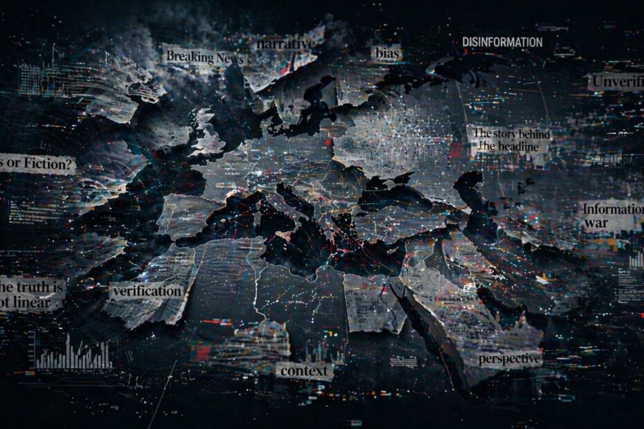 Fragmented digital map of Europe and surrounding regions with layered data, headlines, and visual distortions on a dark background