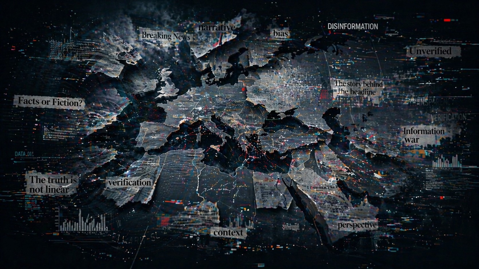 Fragmented digital map of Europe and surrounding regions with layered data, headlines, and visual distortions on a dark background