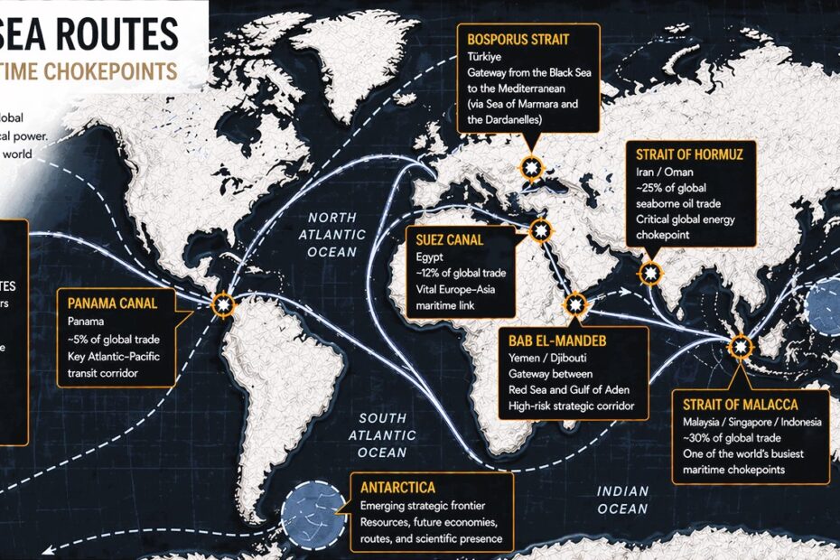 High-resolution world map infographic showing major maritime chokepoints and global sea routes, including Suez Canal, Strait of Hormuz, Strait of Malacca, Panama Canal, and key shipping lanes
