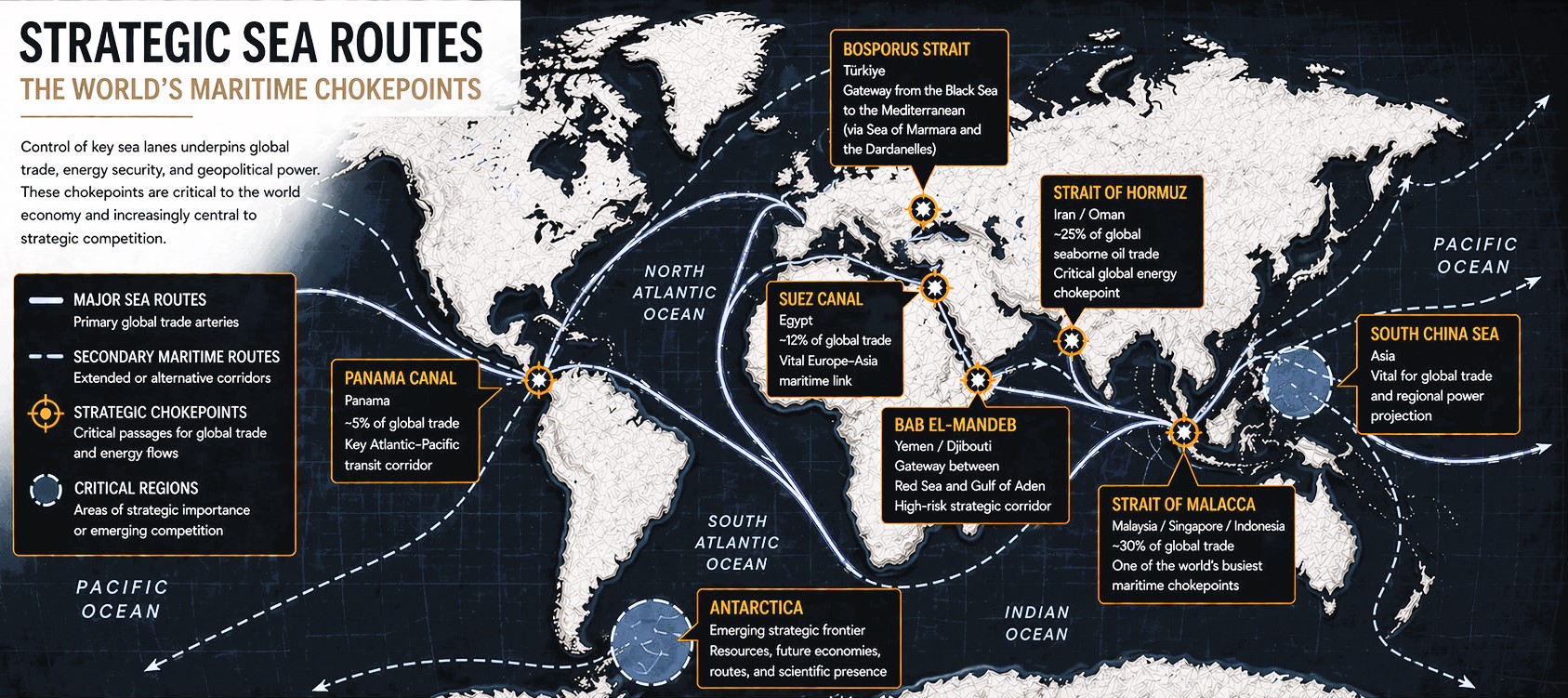 High-resolution world map infographic showing major maritime chokepoints and global sea routes, including Suez Canal, Strait of Hormuz, Strait of Malacca, Panama Canal, and key shipping lanes