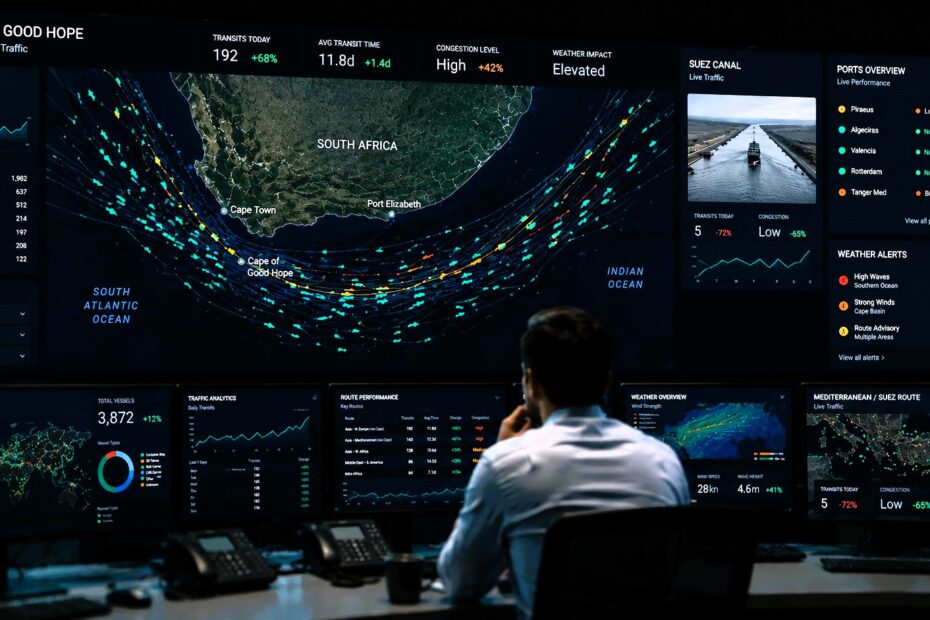High-tech maritime control room displaying dense shipping traffic around the Cape of Good Hope, with Suez Canal activity shown as secondary data
