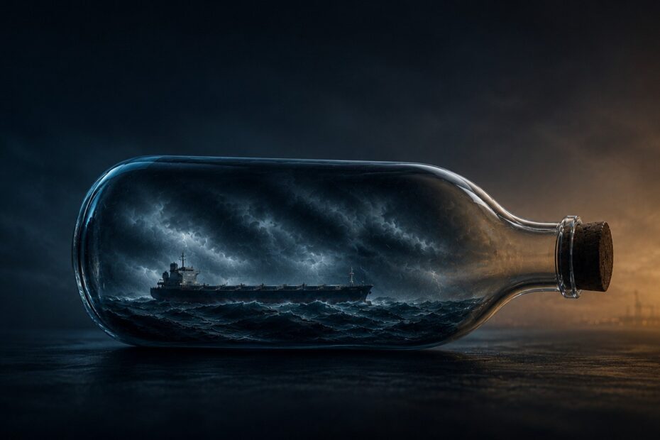 A modern commercial cargo vessel trapped inside a glass bottle amid violent dark seas and storm clouds, illuminated by restrained blue and amber editorial lighting, with a faint industrial horizon in the background