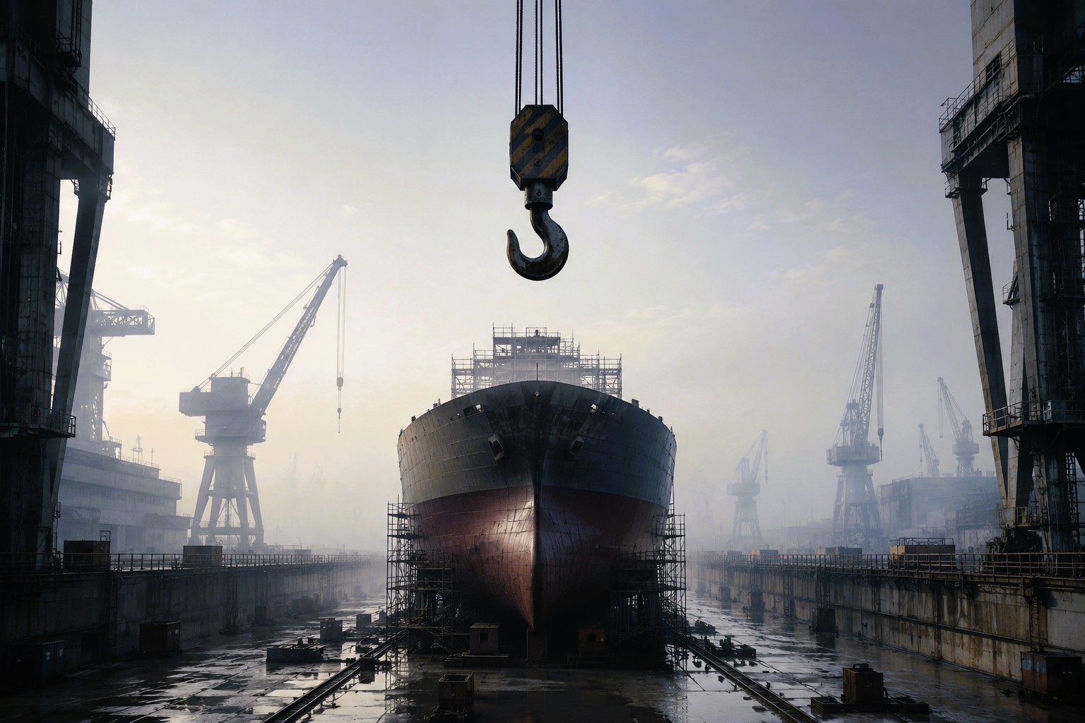 Front view of a large vessel under construction in a foggy shipyard dry dock, framed by cranes and an overhead industrial hook in muted early-morning light