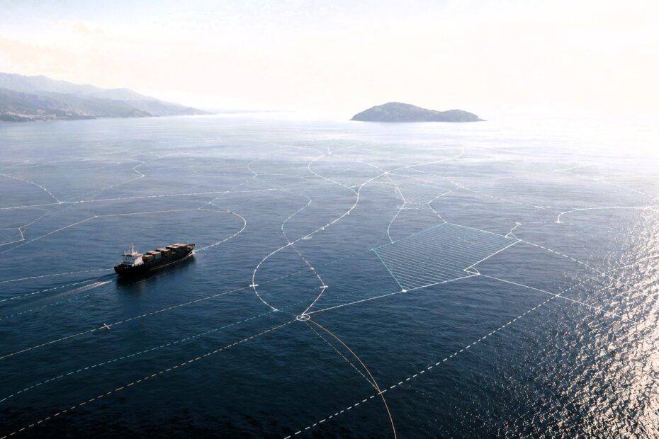 Wide aerial view of a calm Mediterranean seascape with a solitary cargo vessel and subtle geometric maritime route overlays